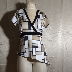 Vintage 80s does 60s Empire Waist Beige White Black Stretchy Mod Geometrical tee